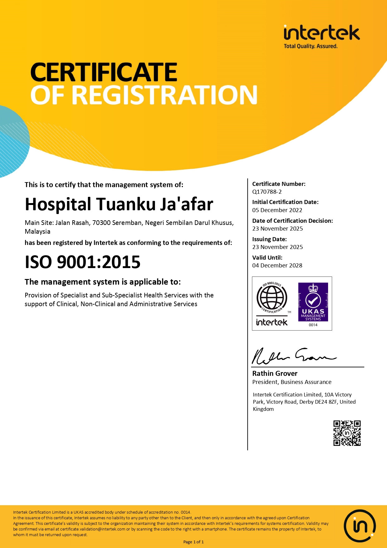 Persijilan ISO 9001:2015 (23 November 2025 - 4 Disember 2028) Persijilan ISO 9001:2015