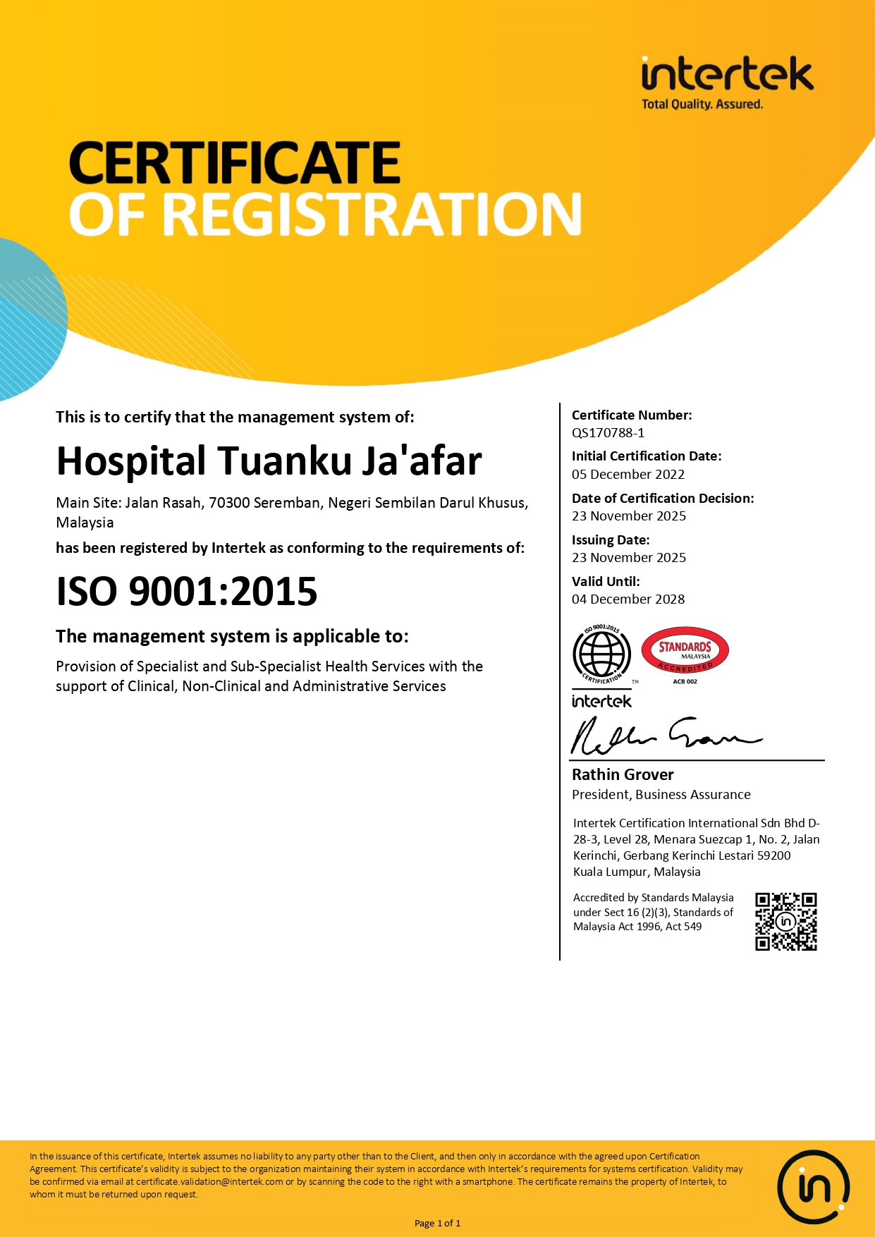 Persijilan ISO 9001:2015 (23 November 2025 - 4 Disember 2028) Persijilan ISO 9001:2015