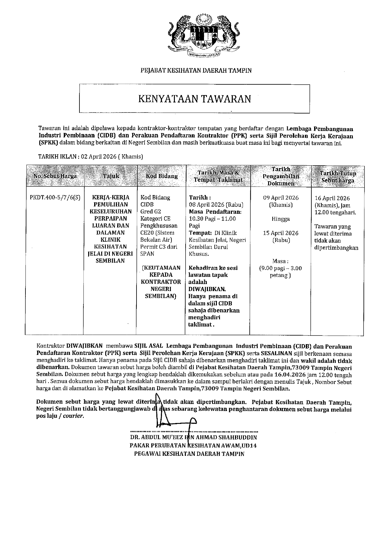 IKLAN KENYATAAN TAWARAN SEBUTHARGA KK JELAI page 0001